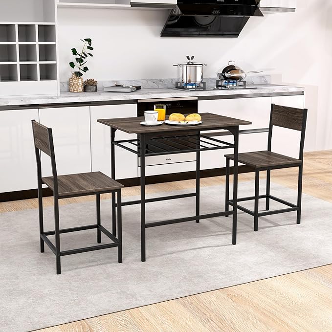 GOFLAME 3-Piece Dining Table Set for 2, Rectangular Wood Kitchen Table & Chair Set with Metal Frame, Storage Rack, Space-Saving Dinette Set for Breakfast Nook, Dining Room, Small Space, Grey