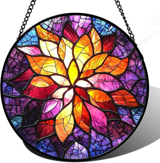 Stained Glass Window Hanging, Fuchsia Abstract Flowers Suncatcher for Window Home Decor Orange Sun Catcher Mother's Day Birthday Gifts for Women Men Mom Nana 15 in