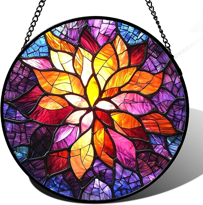 Stained Glass Window Hanging, Fuchsia Abstract Flowers Suncatcher for Window Home Decor Orange Sun Catcher Mother's Day Birthday Gifts for Women Men Mom Nana 9.8 in