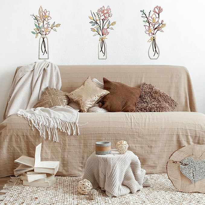 ARTINME 3 Pieces Metal Flowers Wall Arts - Pink and Beige Rustic Farmhouse Decor Minimalist Flower Wall Decors for Living room Bathroom Kitchen Bedroom Dining Room - Housewarming Gifts