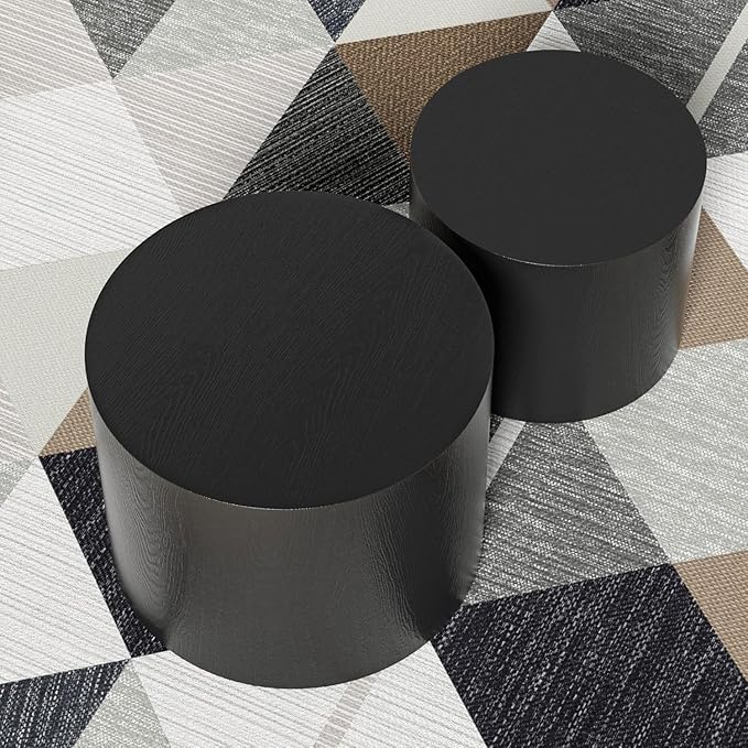 KEVINSPACE Coffee Table Nesting Tables Set of 2, Small Modern Round Coffee Table with Non-Slip Feet, Wooden Circle Accent Tables for Small Spaces Living Room Bedroom Balcony Drum Side Table Black