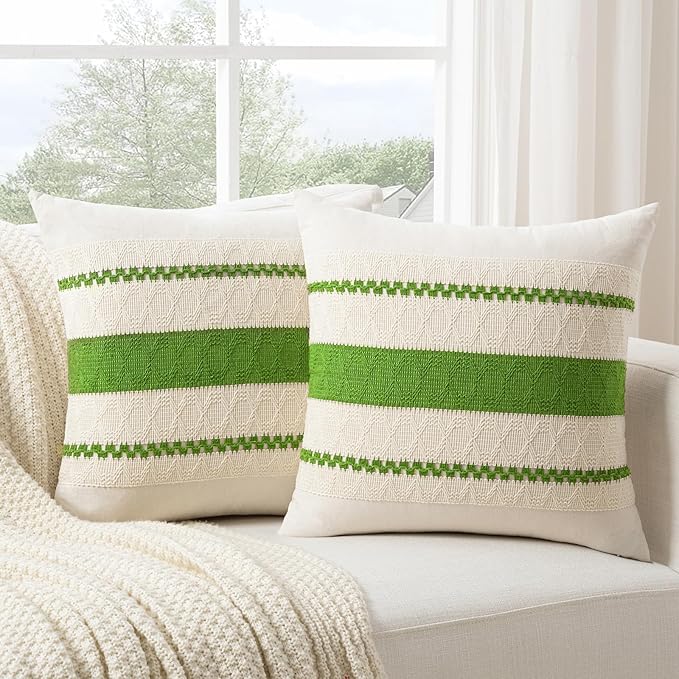 Fancy Homi Set of 2 Boho Lime Green Decorative Throw Pillow Cover 20x20 Inch for Couch Bed Sofa, Aesthetic Modern Organic Farmhouse Home Decor, Soft Cotton Cute Accent Macrame Woven Cushion Case