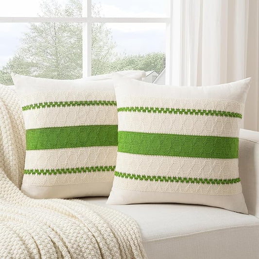 Fancy Homi Set of 2 Boho Lime Green Decorative Throw Pillow Cover 16x16 Inch for Couch Bed Sofa, Aesthetic Modern Organic Farmhouse Home Decor, Soft Cotton Cute Accent Macrame Woven Cushion Case