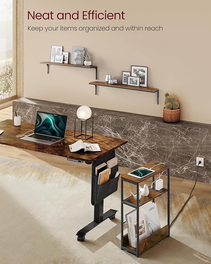 VASAGLE Side Tables with Charging Station, Set of 2 Narrow End Tables, 3-Tier Nightstands, Sofa Tables for Small Spaces, for Living Room, Bedroom, Study, Rustic Brown and Ink Black ULET664K01