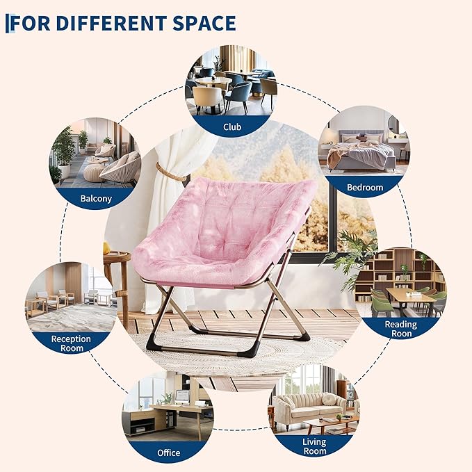 Folding Saucer Chair for Adults, Comfortable Living Room Lounge Chair with Soft Faux Fur Cushion, No Assembly Required, Foldable Accent Furniture for Apartments/Dorms/Bedrooms, Pink