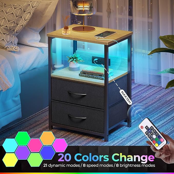 Seventable Nightstand Set of 2 with Charging Station, Bedside Table with LED Lights, Night Stand with 2 Fabric Drawers, 3-Tier Storage End Table for Bedroom, Greige