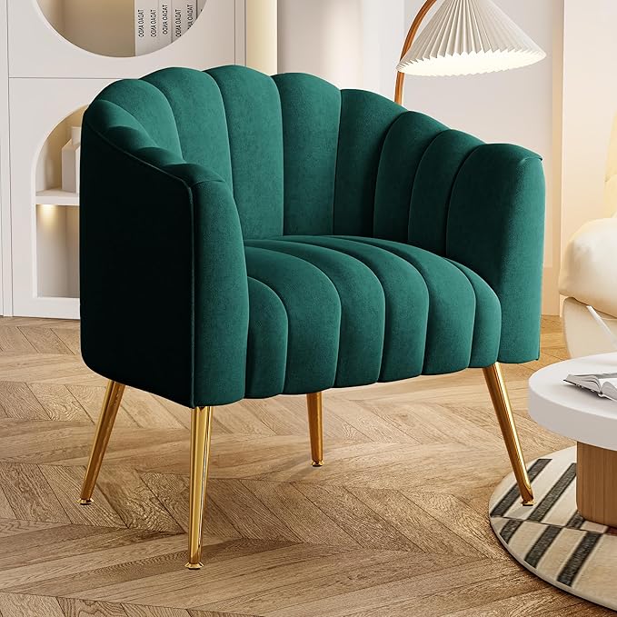 Oversized Pumpkin Couch Accent Chair, Modern Comfy Velvet Upholstered Barrel Chairs, Luxury Single Sofa Armchair for Living Room, Waiting Room, Office and Vanity, (Green)