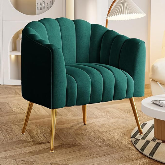 Oversized Pumpkin Couch Accent Chair, Modern Comfy Velvet Upholstered Barrel Chairs, Luxury Single Sofa Armchair for Living Room, Waiting Room, Office and Vanity, (Green)