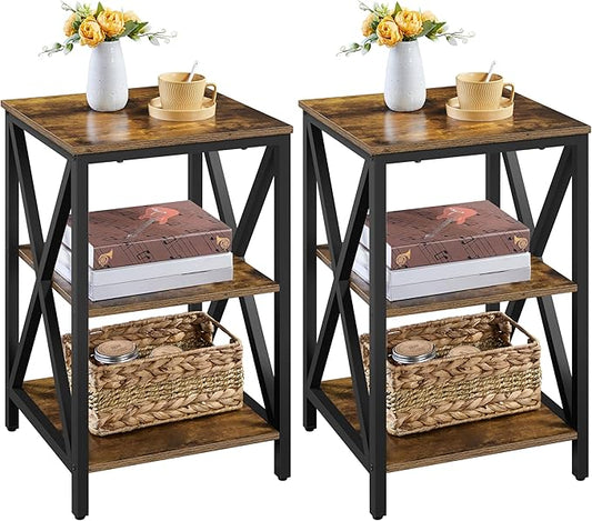 Yaheetech Industrial End Tables Set of 2, 3-Tier Side Tables with Storage Shelves for Living Room, X Design, Strong Metal Frame, Easy Assembly, 16x16x24.5 in, Rustic Brown