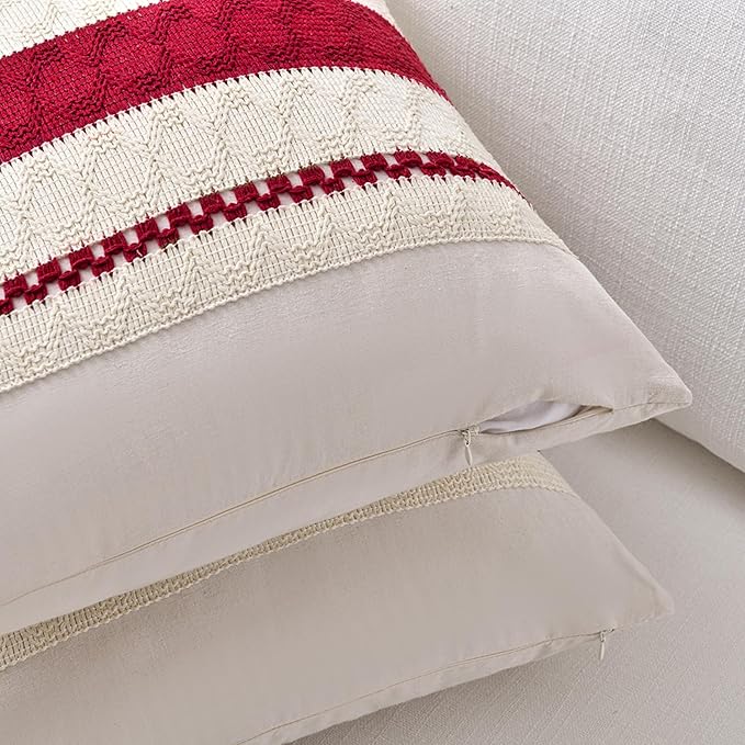 Fancy Homi Set of 2 Boho Red Decorative Throw Pillow Cover 18x18 Inch for Couch Bed Sofa, Aesthetic Modern Organic Farmhouse Home Decor, Soft Cotton Cute Accent Macrame Woven Cushion Case