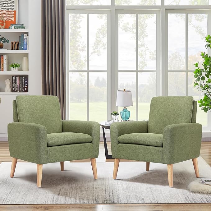 Lohoms Mid Century Accent Chair, Linen Upholstered Green Armchair for Living Room or Bedroom, Comfy Modern Sofa Chair for Guest Room, Reading Nook, or Waiting Area