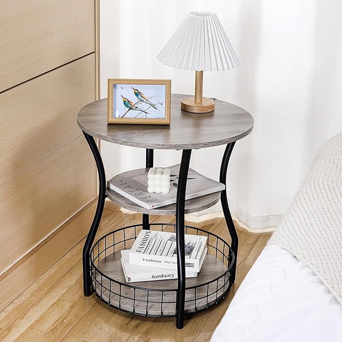 Small Side Table Round End Table with Storage Shelves Basket, 3-Tier Accent Corner Sofa Couch Side Tables Coffee Drink Table for Small Spaces,Round Nightstand for Living Room, Bedroom, Greige