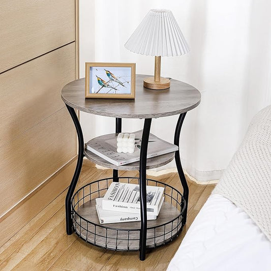 Small Side Table Round End Table with Storage Shelves Basket, 3-Tier Accent Corner Sofa Couch Side Tables Coffee Drink Table for Small Spaces,Round Nightstand for Living Room, Bedroom, Greige