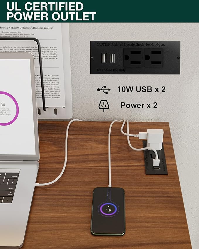 Frylr Small Folding Computer Desk – 55.1 Inch Portable Table for Craft and Study, Lightweight Desk for Small Spaces, Foldable Laptop Table Built-in AC/USB Outlets for Convenience, Dark Walnut