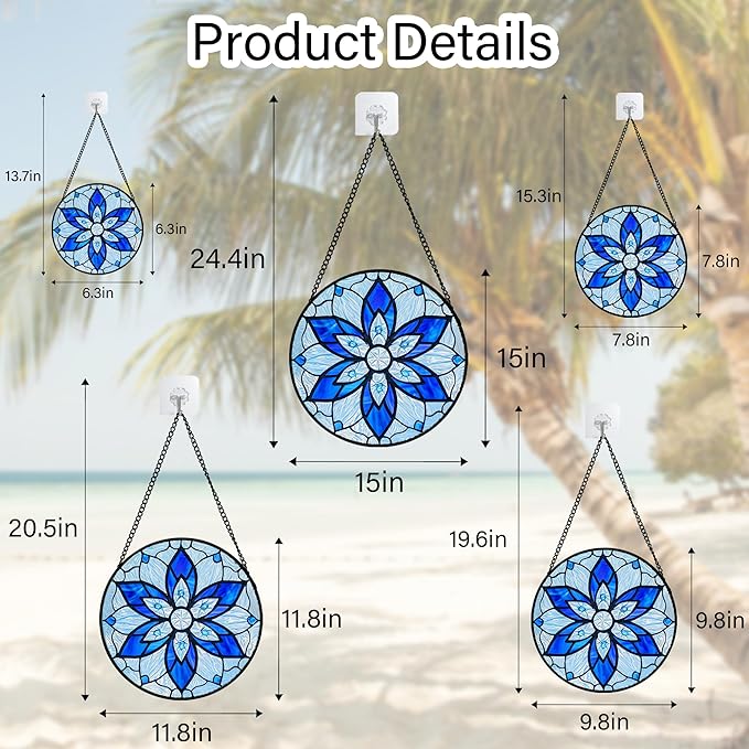 Stained Glass Window Hanging, Blue Tiffany Style Flowers Sun Catcher for Window Door Home Decor Suncatcher Christmas Mother's Day Birthday Gifts for Women Men Mom and Nana 15 in