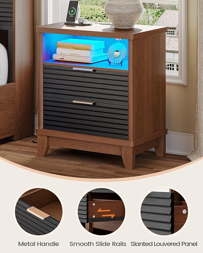 AOGLLATI Fluted Nightstand with Charging Station and 2 Drawers, Black Nightstand, Beside Table with Open Storage and Led Lights, Retro End Side Table for Bedroom, Black