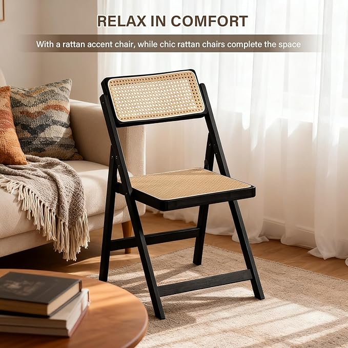 Rattan Folding Chairs, Modern Mid Century Dining Chairs Set of 2, Outdoor Bamboo Chairs for Bedroom Living Room Reading Room Dining Kitchen, Black