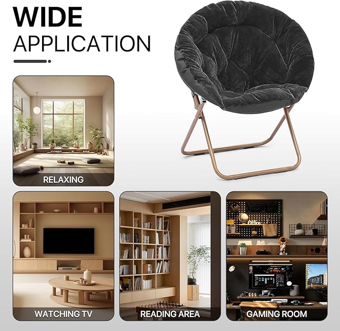 Athena Collection Comfy Saucer Chair Folding Cozy Chair for Bed Room Living Room Accent Chair Faux Fur Reading Chair Foldable Metal Frame Lazy Chair Moon Chair for Adult, Black