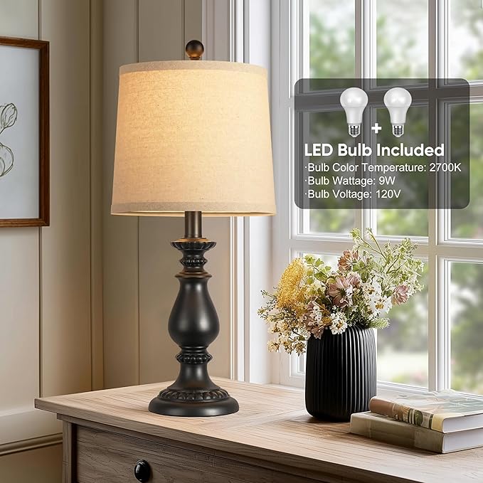 QiMH Farmhouse Table Lamp Set of 2, Rustic Table Lamps for Living Room, Vintage Nightstand Lamp with Rotary Switch, Beside Lamps for Bedroom, Traditional Table Lamps with Linen Shade, Matte Black