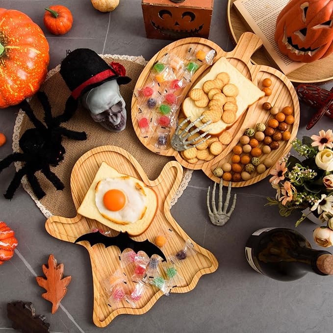 FOBSME 2 Pcs Halloween Wooden Charcuterie Boards Pumpkin and Ghost Shape Serving Platters Fall Wood Serving Trays Decorative Wooden Snack Dish Plates for Halloween Autumn Holiday Housewarming Presents