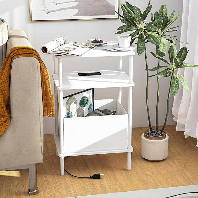 Small Side Table with Charging Station, End Table for Small Spaces, Slim Nightstand with Outlet,Sofa Beside Table, 3-Tier Storage Shelf,Living Room, Bed Room, Natrual White
