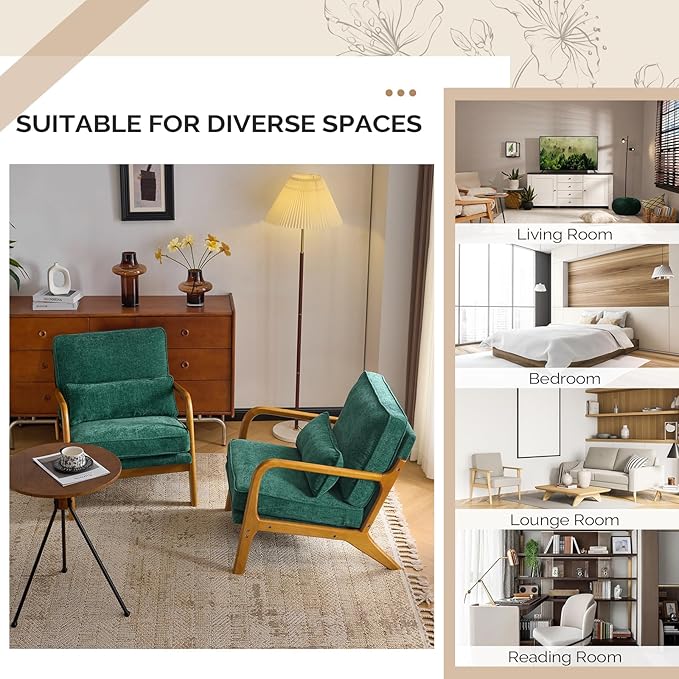 VINGLI Chenille Mid-Century Modern Accent Chair Set of 2, Cute Reading Arm Chair with Cushion & Lumbar Pillow & Solid Wood Frame for Lounge, Living Room, Reading Room, Bedroom, Forest-Green