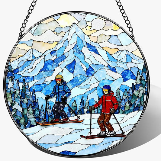 8'' Snowy Mountain Skiers Sun Catcher Ornament, Stained Glass Window Hanging, Sun Catchers for Windows Hanging Ornaments, Window Decor | Ideal Gift, Gift Exchange, Gifts for Skiers