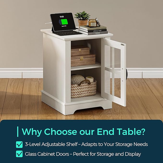 LINSY HOME End Table with Charging Station, Modern Side Table with Storage Cabinet and Adjustable Shelf, Small Sofa Table for Living Room, White