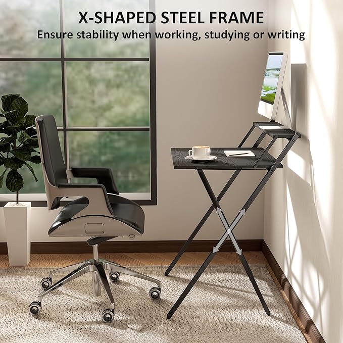 HOMCOM Small Folding Desk, 27.6 Inch Foldable Computer Desk with Monitor Shelf, Space Saving Portable Writing Table for Small Spaces, Home Office, Study, Easy Assembly, Black