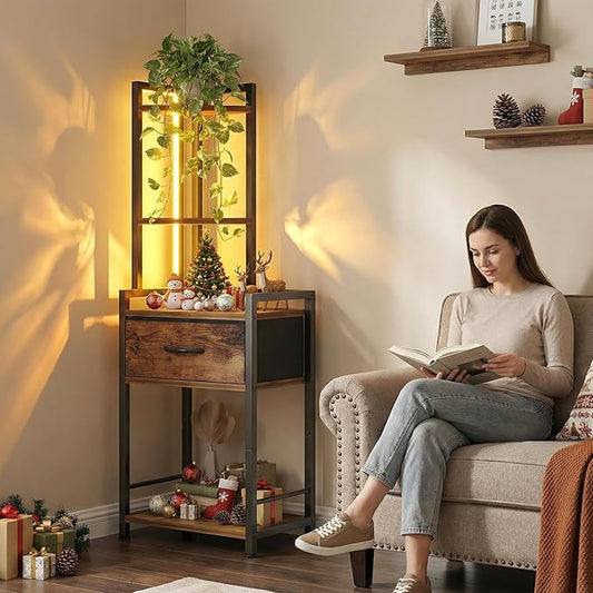 5-Tier Corner Shelf Stand with LED Lights & Fabric Drawer - Rustic Brown Freestanding Corner Cabinet Storage Organizer for Living Room, Bedroom, Office