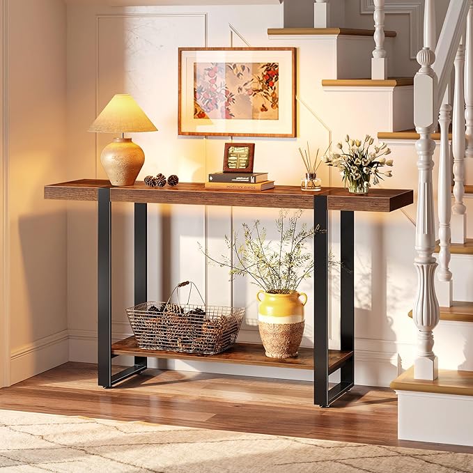 Huuger 47.2 Inch Entryway Table, 2-Tier Industrial Console Sofa Table, Accent Table with Storage, for Entry, Hallway, Entrance, Foyer, T-Shaped Metal Frame, Rustic Brown
