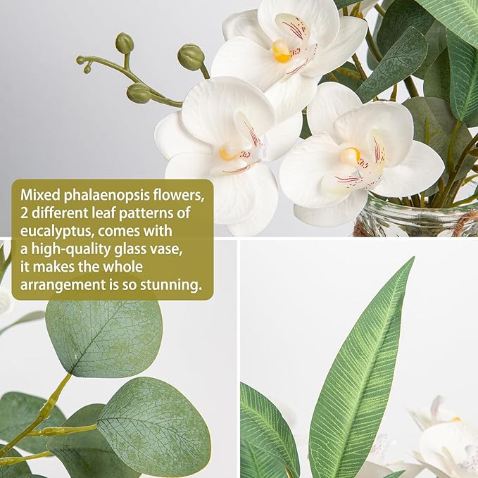 White Orchids Artificial Flowers with Vase Fake Flowers in Vase Artificial Eucalyptus Stems in Glass Vases with Faux Water Faux Orchid with Eucalyptus Leaves Arrangement for Dining Table Centerpiece