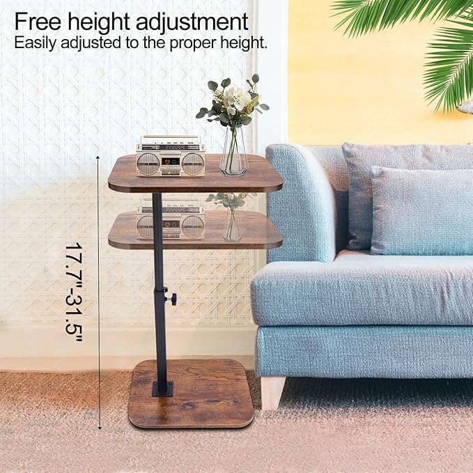 C Shaped End Table for Couch, 360° Swivel Height Adjustable TV Tray for Livingroom,Bedroom,Study and Small Spaces(Vintage Brown)