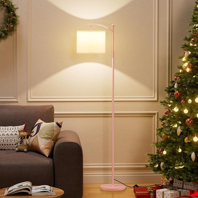 60" Floor Lamps for Living Room with 3 Color Temperatures, Adjustable White Shade with Pink Pole, Tall Lamps for Living Room Bedroom Office Classroom Dorm Room, 9W Bulb Included