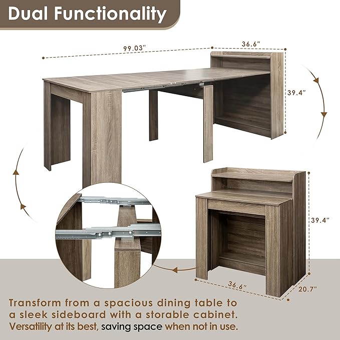 DMAITH 20"-99" Extendable Dining Table with Storage for 2-10 People, Modern Modular Extension Table, Space-Saving Extra Long Folding Dining Table, Multifunctional Conference Meeting Table, Oak