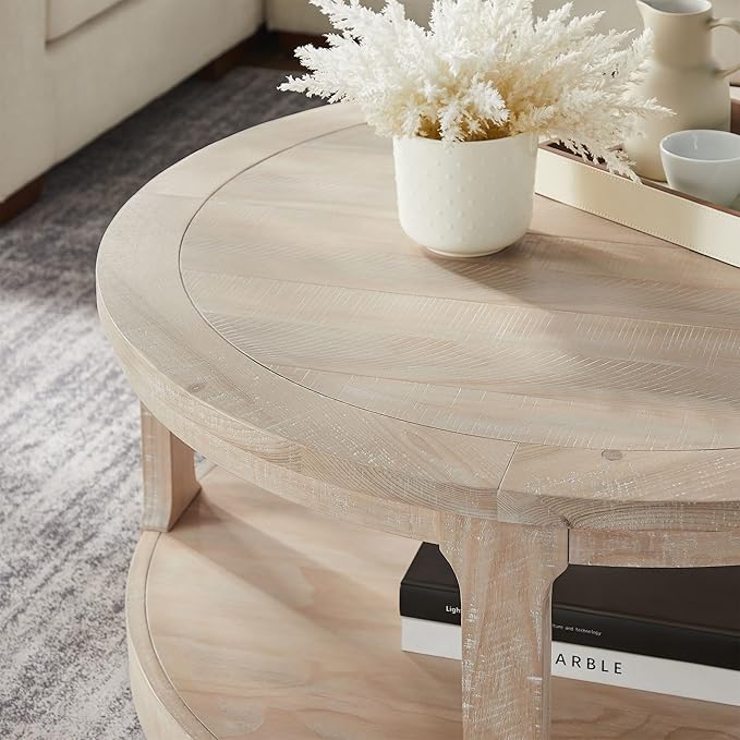 40'' Oak Round Coffee Table, Round End Table 2 Tier Wood Coffee Table,Circle Table for Living Room, Traditional Retro Farmhouse Style Rounded Wooden Tables for Office(ø40'' x 17.52'')