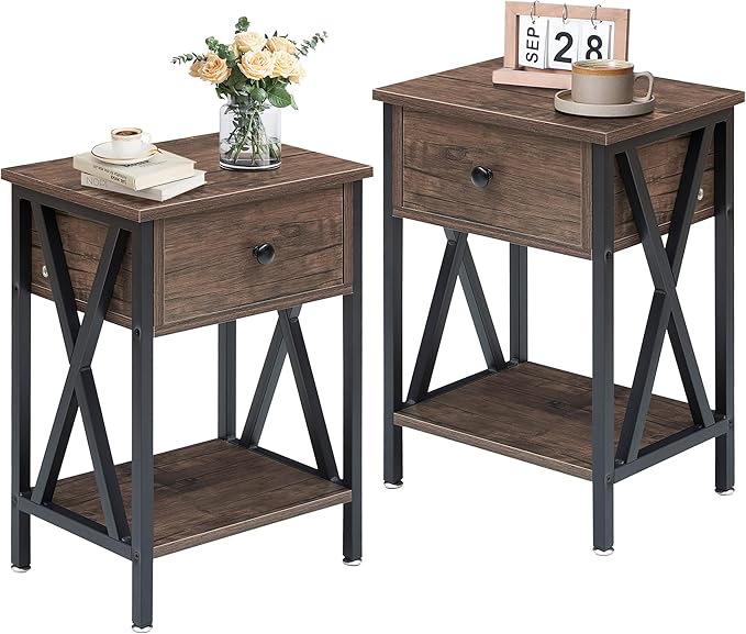 VECELO Nightstands Set of 2, Modern Bedside End Tables, Night Stands with Drawer and Storage Shelf for Living Room Bedroom, Industrial Metal Frame