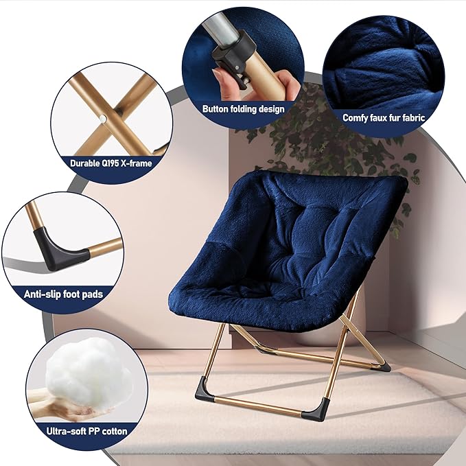 Comfy Oversized Saucer Chair, Soft Faux Fur Reading Lounge Chair for Adults, Stable X-Large Metal Frame and Non-Slip Pad, Foldable Cozy Chairs for Bedroom, Living Room, Dorm, Office, Blue