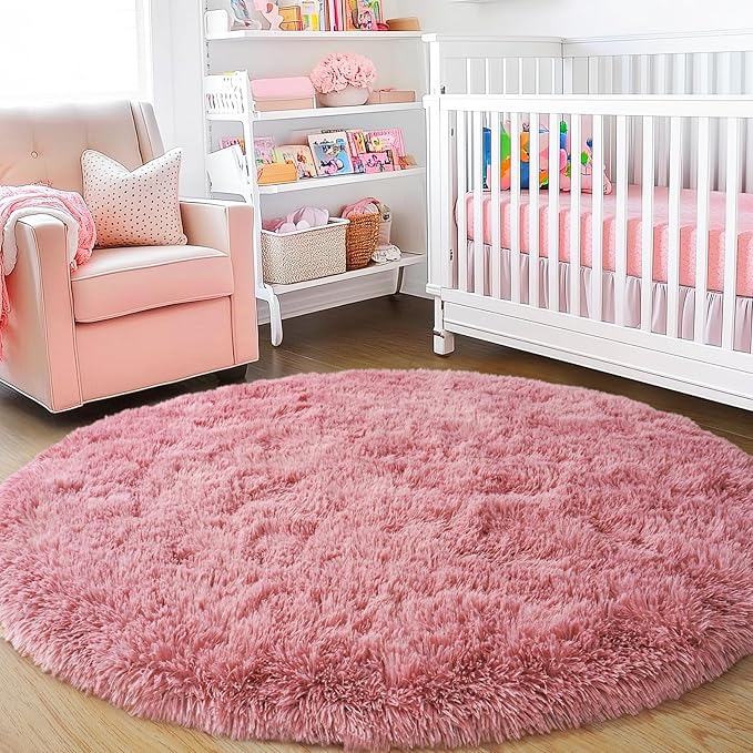 4'x4' Blush Round Rugs for Girls Bedroom, Ultra Soft Fluffy Circle Rug for Kids Room, Cute Shag Rugs for Living Room Playroom Tent Castle Home Decor Rug