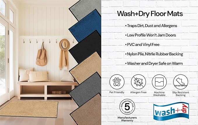 Wash and Dry Monotone Rug, Cool Gray Non-Slip Washable Doormat 24x35 in (Medium)