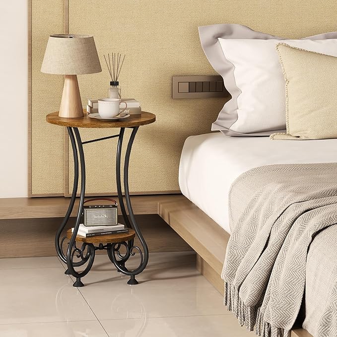 X-cosrack End Table, Round Side Table for Small Spaces, Coffee Tea Table Nightstand Home Decor for Living Room Balcony Bedroom Office,Rustic Brown & Black,15.75" L x 15.75" W x 24.0" H