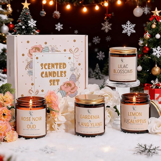 28oz Scented Candles Set, 4Pack Floral Chirstmas Halloween Candles 7oz Candle, Birthday Gifts for Women Long Lasting Soy Wax Candle Non Toxic for Home Decor Aromatherapy, Rose/Lemon/Gardenia/Lilac