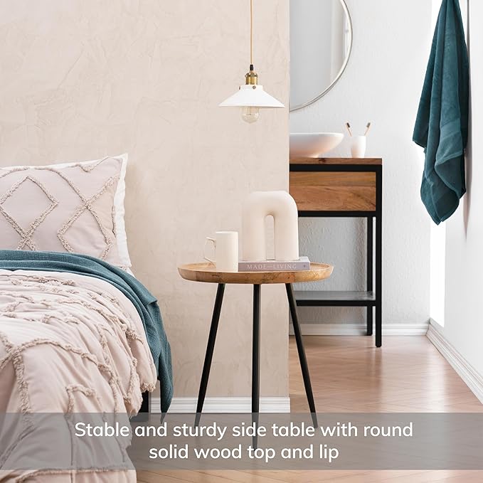 MH London Side Table - Dilan Tri Pin Small Table. Exclusively Designed Hand-Crafted Small Nightstand. Solid Wood Round End Table. Contemporary Accent Table for Bedrooms, Living Rooms and Home Office