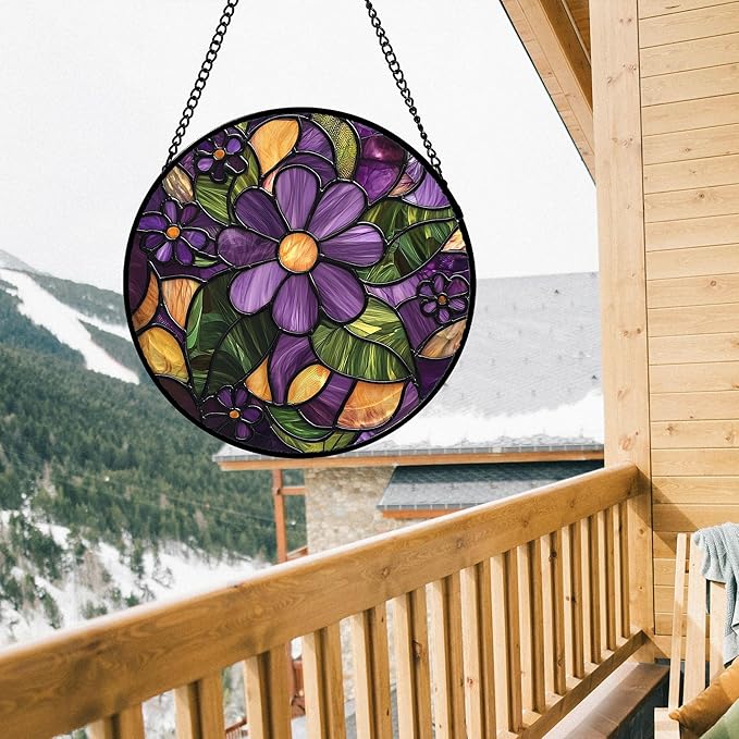 Stained Glass Window Hanging, Purple Green Flowers Sun Catcher for Door Home Decor Plants Suncatcher Christmas Mother's Day Birthday Gifts for Women Men Mom and Nana 15 in