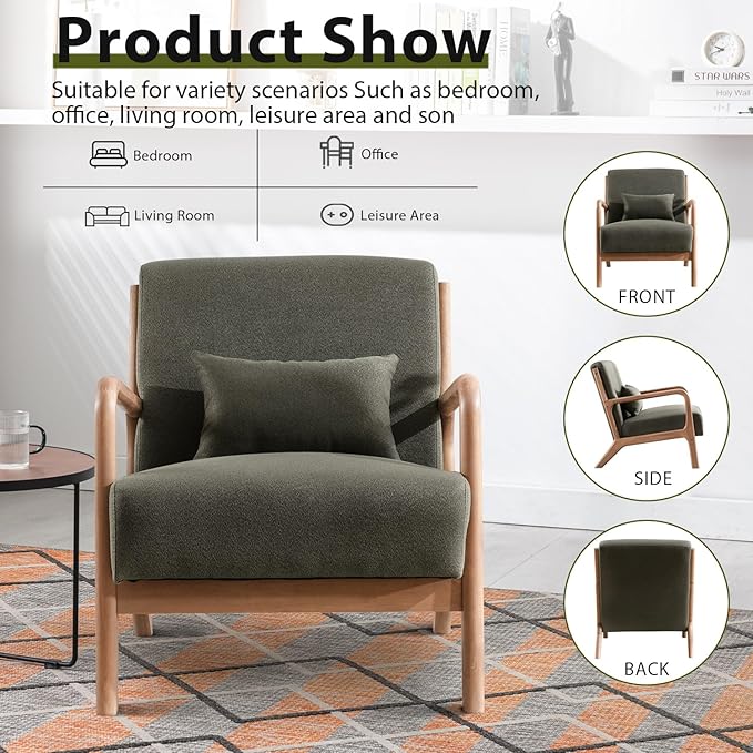 INZOY Mid-Century Modern Accent Chair Set of 2, Green Living Room Chairs with Waist Cushion, Upholstered Reading Armchair for Bedroom Sunroom