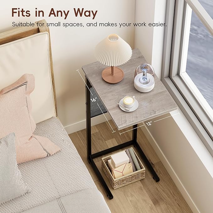 Vagusicc C Shaped End Table, Small Side Table for Couch, Couch Side Table C Table for Small Space, TV Tray Slide Under Sofa Snack Table with Metal Frame for Living Room, Bedroom, Bedside, Grey