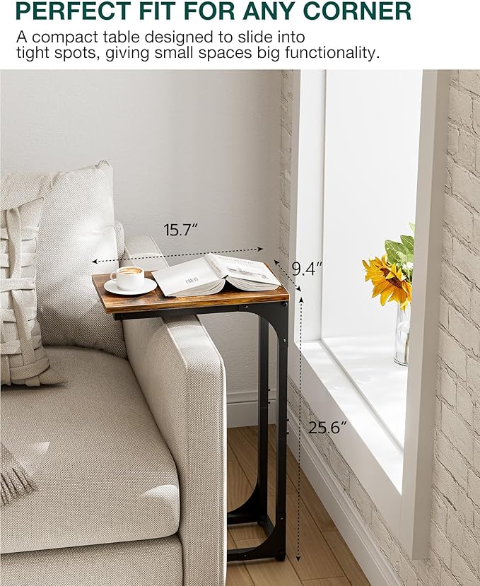 C-Shaped Side Table for Couch - Small Coffee Stand Sofa Tray Desk with Sturdy Metal Frame and Waterproof Scratch Resistant Wood Surface, Rustic Brown