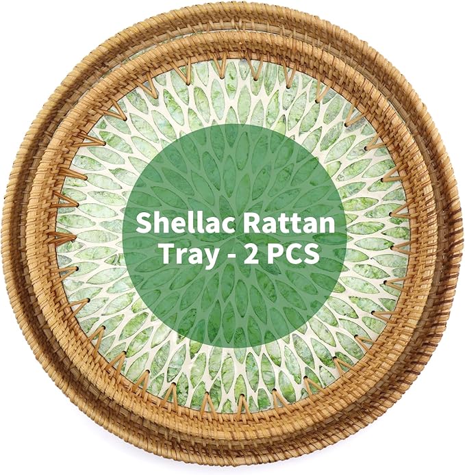 Shellac Rattan Tray with Mother of Pearl Inlay, Round Decorative Serving Tray for Home Décor Coffee Table Storage and Display, 100% Natural Materials（2 Set）