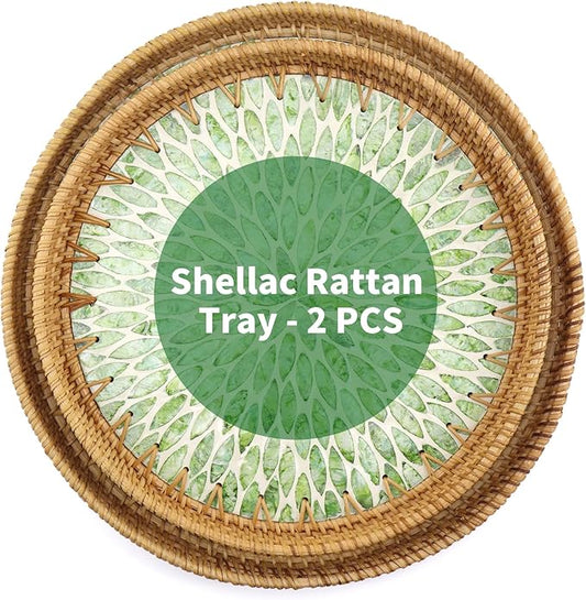 Shellac Rattan Tray with Mother of Pearl Inlay, Round Decorative Serving Tray for Home Décor Coffee Table Storage and Display, 100% Natural Materials（2 Set）