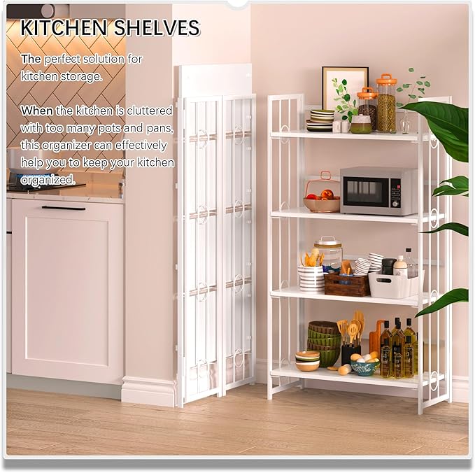 4NM No Assembly 4 Tiers Folding Bookshelf, 47.2" H Foldable Storage Shelves Vintage Bookcase Standing Racks Study Organizer Home Office - All White